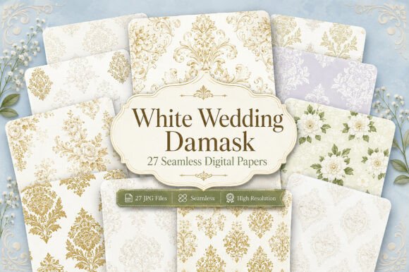 Download White Wedding Damask Digital Paper Bundl - Wedding Collection