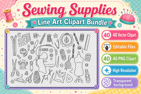Download Sewing Supplies Line Art Clipart Bundle - Line art clipart Collection